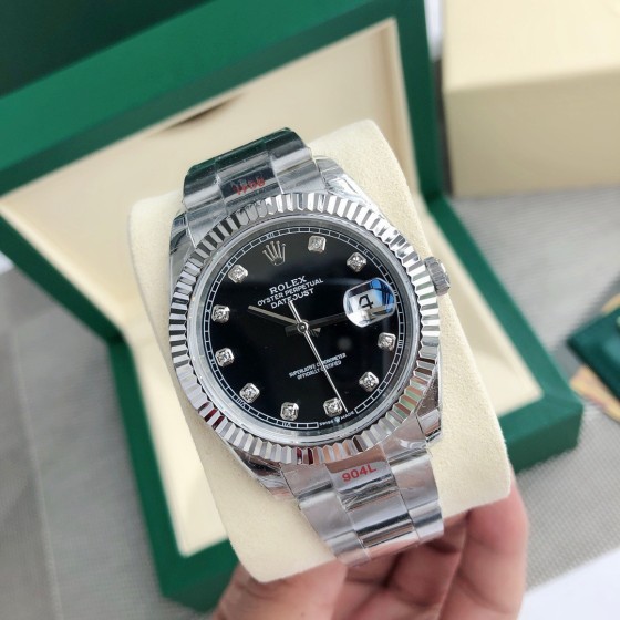 Datejust series men's watch with diamonds, black dial, silver bezel, 41mm, silver Oyster bracelet